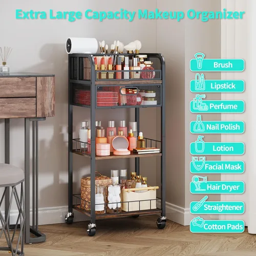 Miniatura 8 de HapiRm Organizador de maquillaje, carrito de almacenamiento de 4 niveles para el cuidado de la piel con cajón, carrito de maquillaje rodante