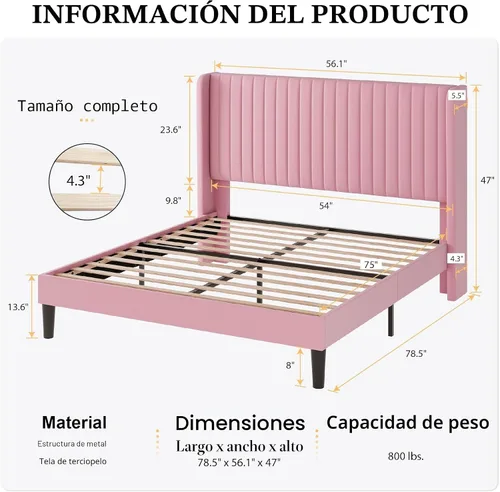 Miniatura 2 de SHA CERLIN Base de cama de terciopelo de tamaño matrimonial con cabecera capitoné de canal vertical, plataforma tapizada con listones de madera,