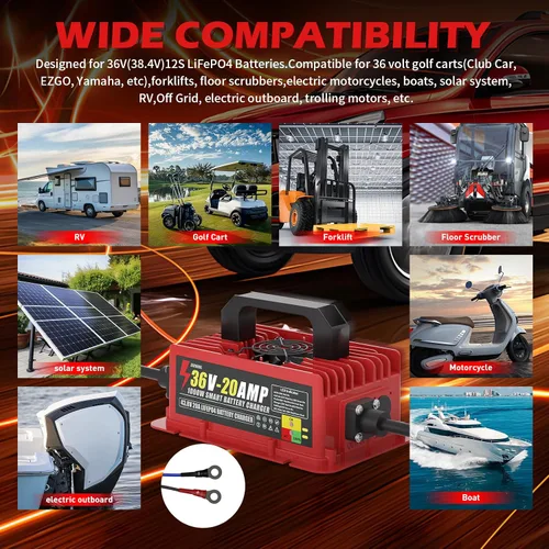 Miniatura 3 de Cargador de batería de litio de 36 V 1000 W 20 A para LiFePO4, impermeable IP67 con ventilador de refrigeración y cable de 16 pies, para carrito