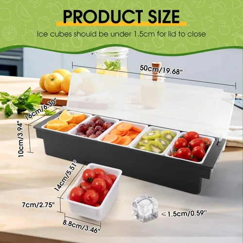 Miniatura 3 de Carrito de frutas, verduras y condimentos con tapa, 5 compartimentos extraíbles, bandeja de guarnición enfriada con hielo para camareros