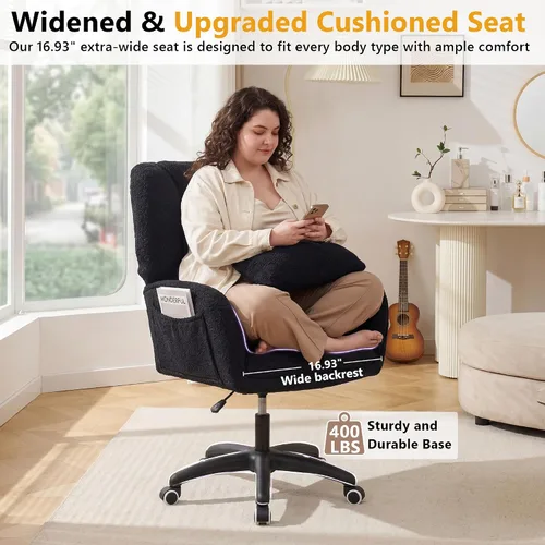 Miniatura 5 de FOXHUNTER Silla de tocador con respaldo ergonómico y ruedas, silla giratoria de 360°, silla de oficina en casa de altura ajustable para sala de Negro