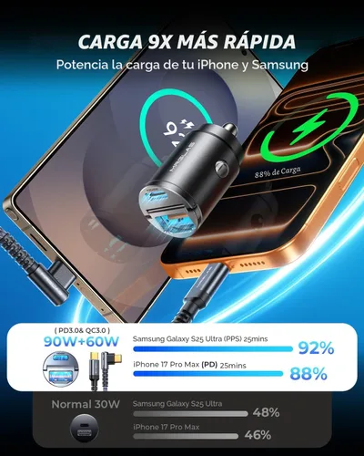 Miniatura 4 de MRGLAS Cargador de coche rápido para iPhone 17/16 de 90 W, cargador de coche USB C con cable tipo C, PD45W y QC45W, ajuste empotrado, todo metal