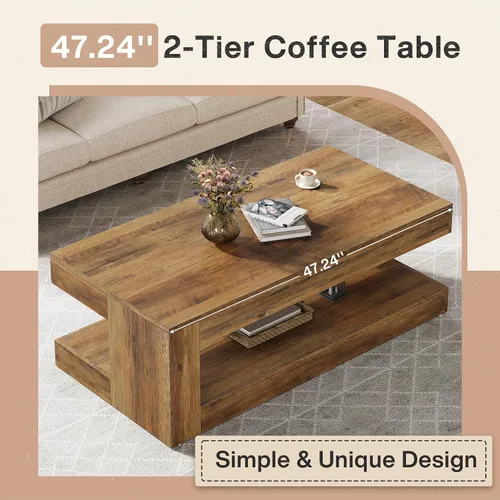 Miniatura 7 de Tribesigns Mesa de Centro para Sala de Estar, 47.24 Pulgadas Estilo Granja de 2 Niveles Mesa de Centro de Té y Cóctel con Almacenamiento, Marrón
