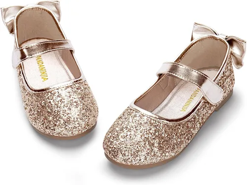 PANDANINJIA Zapatos planos de ballet Mary Jane para niña pequeña, con lazo y flores, para boda, fiesta, bailarina