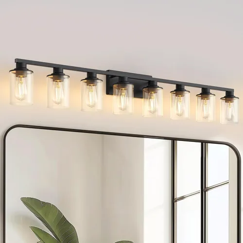 Miniatura 47 de DORESshop Lámparas de baño, 3 luces negras y doradas para baño sobre espejo con pantalla de vidrio transparente, luces de tocador para baño, Negro