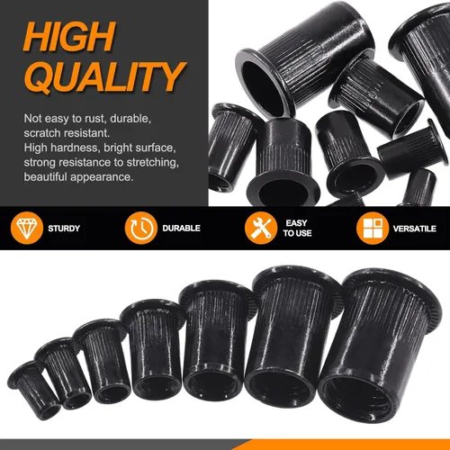 Miniatura 4 de 100 tuercas de remache M6 de acero al carbono negro chapado en zinc tuercas de remache moleteadas cabeza plana remaches roscados tuercas de inserción