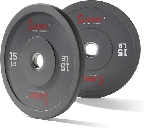 Sunny Health & Fitness Elite 2-Inch Rubber Olympic Bumper Weight Plate 10-55 LB with Steel Hub for Home Gym, Squat Rack, Strength Training, Barbell,