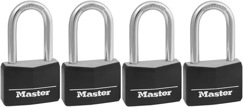 Miniatura 9 de Master Lock Cerradura de aluminio cubierta negra, cerradura de armario de gimnasio con llave, candado al aire libre con grillete largo para puertas