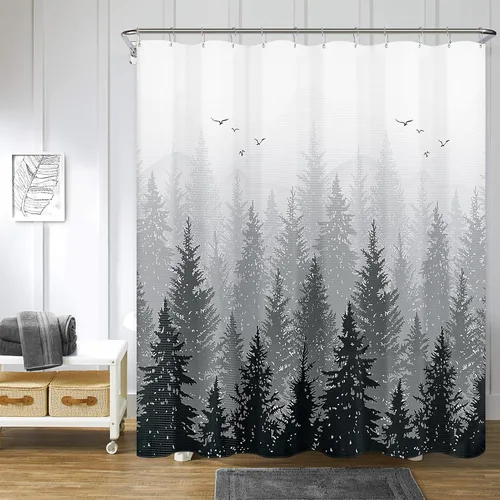 Miniatura 14 de Hokibero Cortinas de Ducha de Tela con Diseño de Bosque Brumoso Azul, Montaña, Naturaleza, Árbol para Baño, Impermeables, Resistentes, Azul Marino