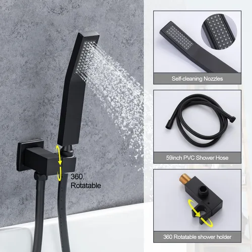Miniatura 5 de Grifo de llenado de bañera romana con boquilla de cascada montado en la pared, grifo de ducha de bañera de una sola manija con ducha de mano