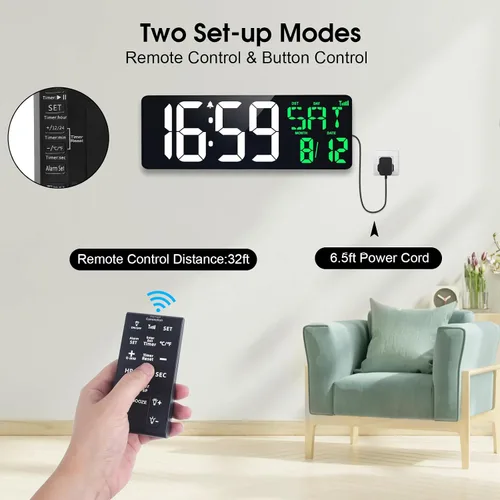 Miniatura 7 de Reloj de pared digital de 17 pulgadas, pantalla grande, tiempo de sincronización Bluetooth, atenuación automática, reloj de pared digital grande