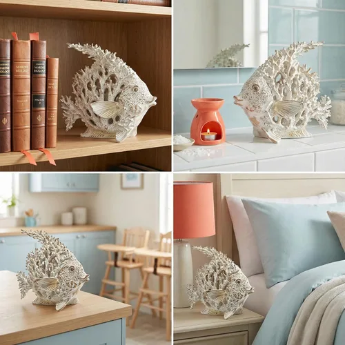 Miniatura 7 de Estatua de pez ángel de arrecife de coral blanco, decoración costera de playa, figura náutica del océano para baño, hogar, oficina, estante de mesa