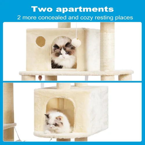 Miniatura 5 de Hey-brother - Mueble grande de casita de gato multinivel con postes rascadores cubiertos de sisal, 2 condominios de felpa más grandes, hamaca Beige