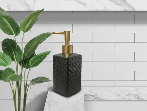 Miniatura 3 de Dispensador de jabón dorado para baño, dispensador de loción cuadrado negro, dispensador de jabón de manos de cerámica recargable para encimera