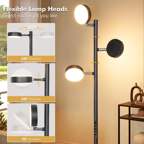 Miniatura 4 de Lámpara de pie de árbol Benaep para sala de estar - Moderna lámpara de pie negra, luz de suelo LED con control remoto y táctil, 3000K-6000K Negro