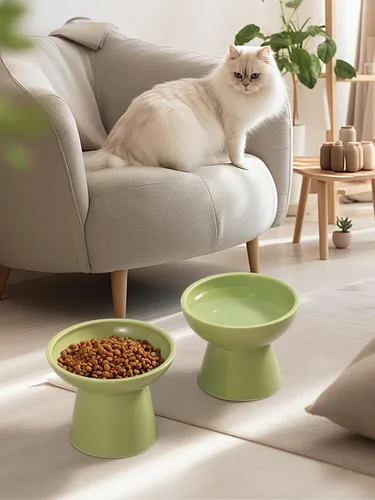 Miniatura 8 de LoeJan Juego de cuencos elevados de comida y agua para gatos, comedero de cerámica extra ancho y elevado, cuenco de alimentación a presión Verde