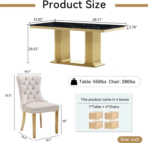 Miniatura 9 de Juego de mesa de comedor de mármol para 4, mesa de cocina rectangular de mármol negro de 68 pulgadas con base en H de acero inoxidable dorado, juego