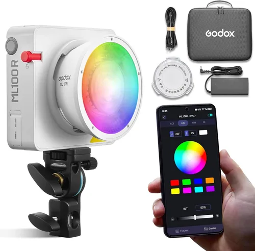 Godox ML100R 110W RGB luz de video LED portátil, 1800K-10000K, HSI completo y CCT 1800K – 10,000K, CRI 95+, 14 FX, control de aplicación/a bordo,