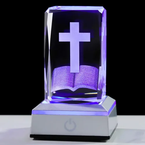 YWHL Figura de Cruz de Cristal 3D con Base de Luz Colorida, Grabada Láser, Regalos Religiosos Bíblicos para Mujeres y Hombres, Decoración Cristiana