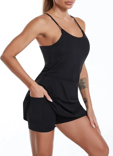 Miniatura 4 de Vestido de tenis sin mangas para mujer con brasier y pantalones cortos integrados para entrenamiento de golf, vestidos atléticos con bolsillos