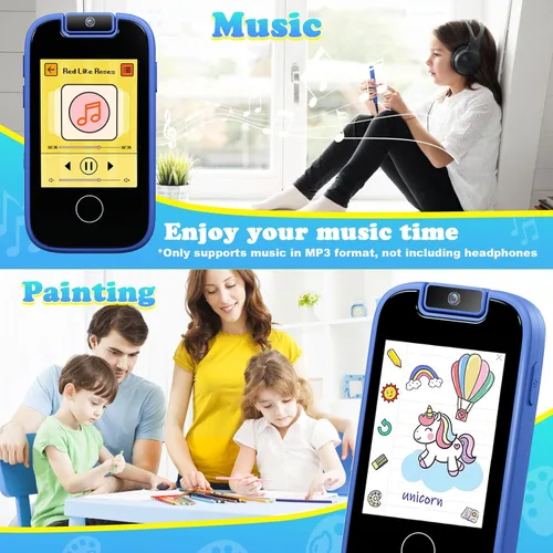 Miniatura 5 de PTHTECHUS Juguetes telefónicos para niños y niñas – Pantalla táctil para niños pequeños, reproductor de música MP3 con doble cámara, rastreador
