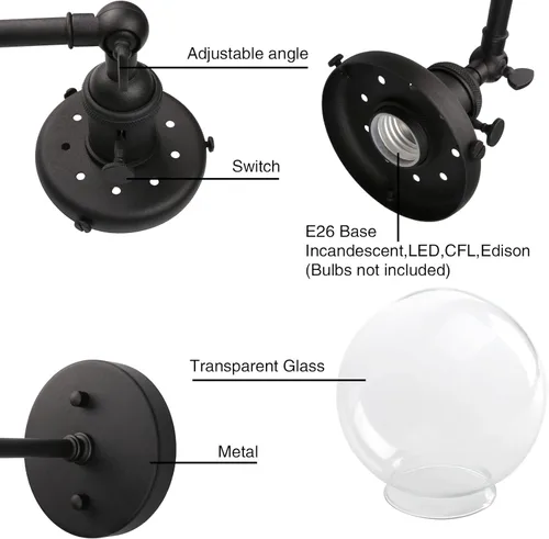 Miniatura 4 de PERMO Iluminación de candelabro de pared industrial vintage con sombra de globo de vidrio transparente redondo de 5,9" soplado a mano (Negro)