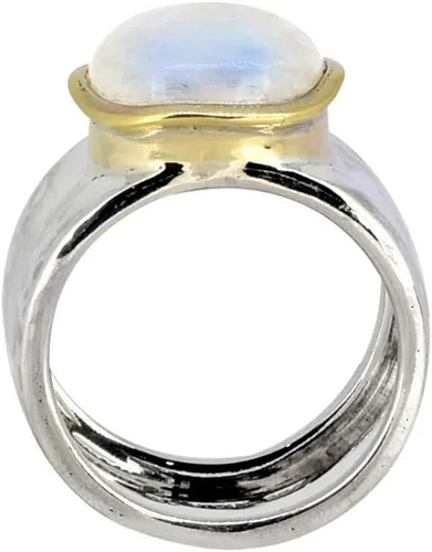 Miniatura 5 de YoTreasure Anillo de banda ancha de plata de ley 925 maciza martillada con piedra lunar de latón