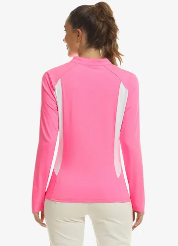 Miniatura 3 de MoFiz Polo de tenis de golf con cremallera para mujer, manga larga, sin cuello, atlético, de secado rápido, para senderismo, ajuste delgado