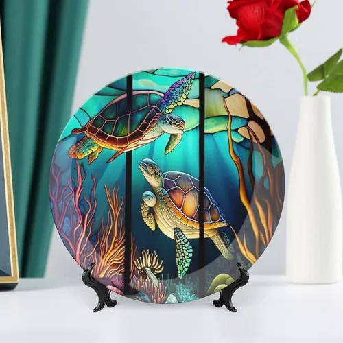 Miniatura 6 de Platos decorativos, placa de cerámica con diseño de tortuga, vida marina, placa tambaleante con soporte de exhibición, decoración del hogar