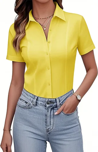 Miniatura 17 de Siliteelon Camisetas de Botón para Mujer, Ajustadas, de Manga Corta, Elásticas, Camisa de Vestir, Sin Arrugas, Sólida, Blusa de Trabajo