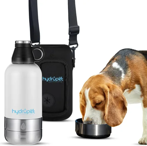 Hydropet Botella de agua portátil para perros (32 onzas), botellas aisladas de viaje para perros y gatos, acero inoxidable, cuenco de comida