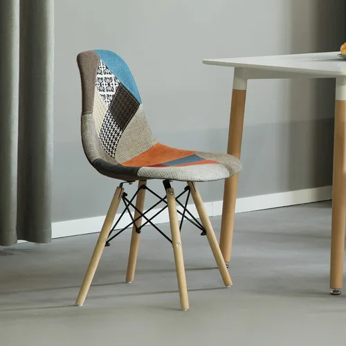 Miniatura 2 de Silla de comedor moderna de mediados de siglo tapizada de plástico multicolor Patchwork DSW Shell con patas Eiffel de clavija de madera