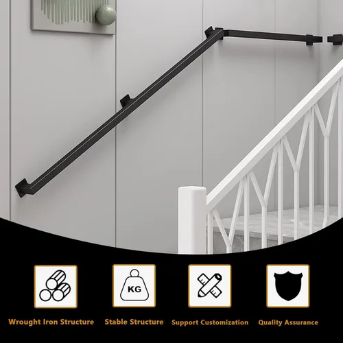Miniatura 4 de Barandilla de escalera para escalones exteriores o interiores, pasamanos de escalera de metal negro soporte de pared de hierro forjado, barandilla