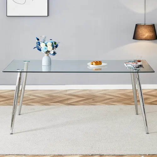 Miniatura 4 de A 71"x35.4" Heat Resistant Clear Tempered Glass Dining Table with Silver Metal Legs