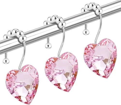 Miniatura 8 de Ganchos de cortina de ducha de cristal negro con diamantes para baño, 12 unidades, anillos de acero inoxidable plateados a prueba de óxido, colgador