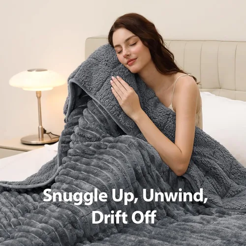 Miniatura 5 de Manta con peso de forro polar Sherpa con rayas acanaladas 3D, manta pesada de franela suave de 12 libras para sofá y cama, manta gruesa con cuentas