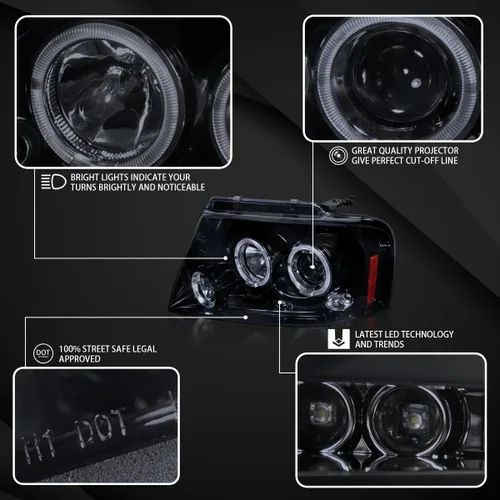 Miniatura 2 de Autozensation Compatible con Ford F-150 2009-2014, conjunto de faros delanteros izquierdo y derecho, faros delanteros Halo LED negro brillante