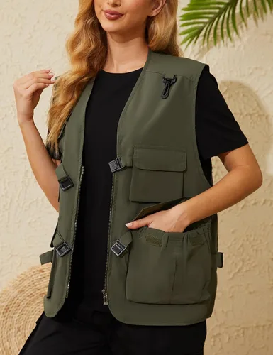 Miniatura 5 de Wyeysyt Chaleco de pesca para mujer, chaleco de viaje para trabajo al aire libre con múltiples bolsillos