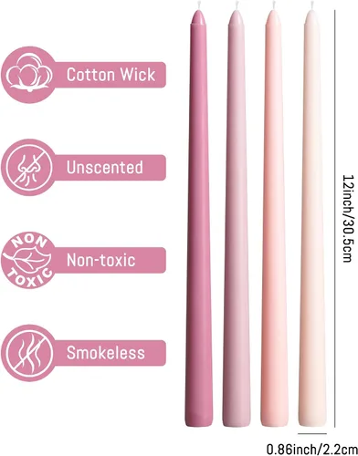 Miniatura 4 de Viyffo - Velas cónicas de 12 pulgadas rosa con un toque púrpura, juego de 4, sin aroma, inodoras, largas y altas, para candelabros, velas cónicas