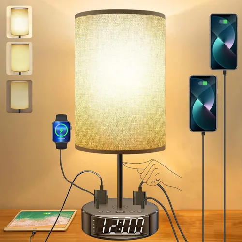 Lámpara de mesa – Lámpara de noche con puertos USB y tomacorrientes, lámpara de dormitorio con base de reloj despertador, 3 vías regulables modernas