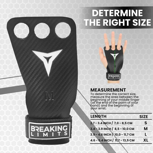 Miniatura 6 de BREAKING LIMITS Crossfit Grips - Puños de gimnasia de 3 agujeros, agarre de mano de carbono, Calleras para Crossfit, agarre de gimnasia para hombres