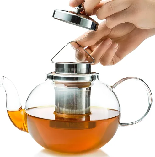Miniatura 7 de Tetera para estufa, segura. Capacidad para 4 a 6 tazas. Tetera de vidrio con infusor y filtro extraíble de acero inoxidable. Incluye 4 tazas