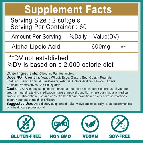 Miniatura 7 de Ácido alfa lipoico 600 mg – Suplemento de alta absorción ALA antioxidante para nervios, energía, metabolismo y desintoxicación hepática – Cápsulas