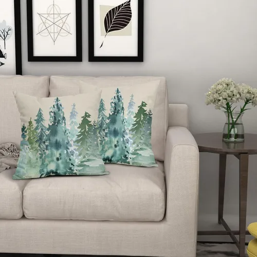 Miniatura 7 de Juego de 2 fundas de almohada de árbol azul verde acuarela de 22 x 22 pulgadas, estilo rústico, estampado de bosque natural, almohadas decorativas