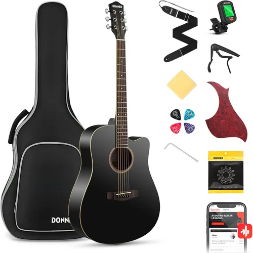 Donner guitarra acústica negra para principiantes, adultos, adolescentes, kits de iniciación - Juego completo de guitarra acústica de tamaño