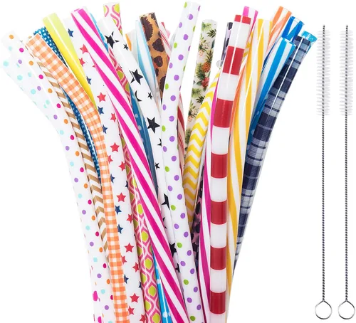 Paquete de 50 popotes reutilizables doblados, sin BPA, 9 pulgadas, de plástico duro colorido, a rayas, para vaso, uso familiar o de fiesta, con
