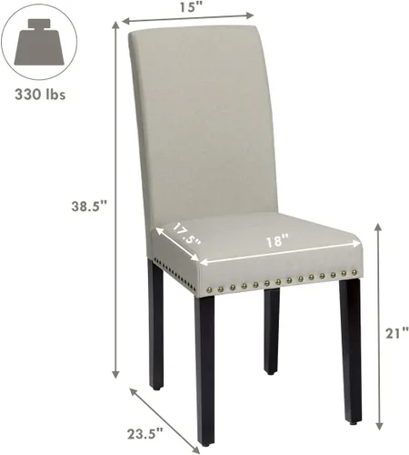 Miniatura 3 de Juego de 2 sillas de comedor tapizadas, sillas Parsons de tela con patas de madera maciza, ribete de cabeza de clavo, asiento acolchado, sillas