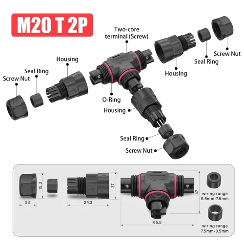Miniatura 4 de AOHUA Caja de conexiones de 3 vías, conector M20 de 2 pines, 500 V/20 A, conector de cable eléctrico impermeable en forma de T IP68 para cable