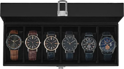 SONGMICS Caja de reloj, caja de reloj de 6 ranuras con tapa de vidrio grande, almohadas extraíbles para reloj, organizador de caja de reloj, regalo