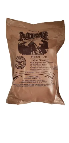 MRE #20 - Salchicha italiana con pimientos y cebollas en salsa marinara. USGI [Comida lista para comer] Comidas de emergencia, ración militar, caza,